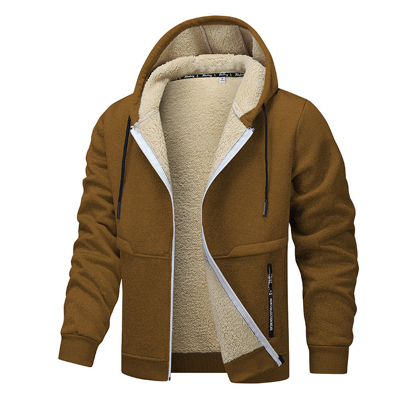 Man in a sherpa lined zip hoodie