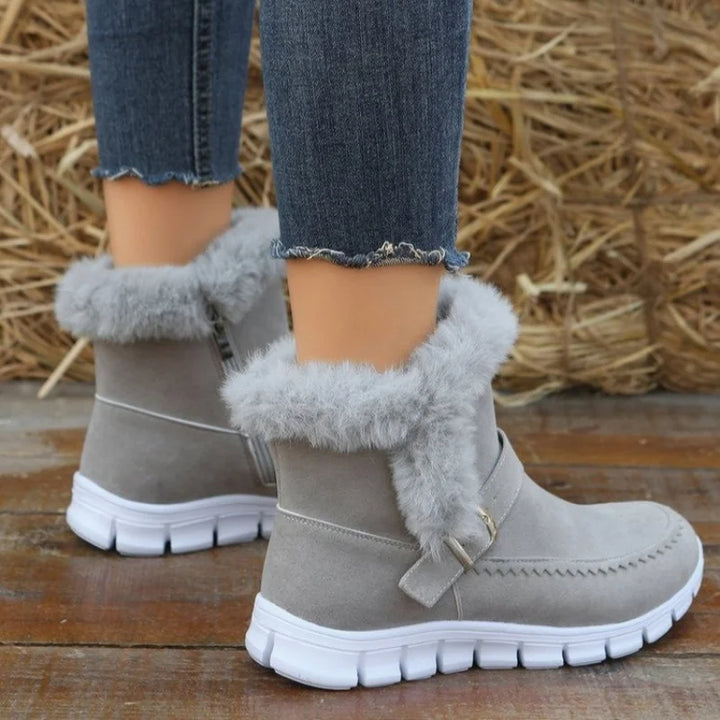 Faux suede snow boots with buckle strap