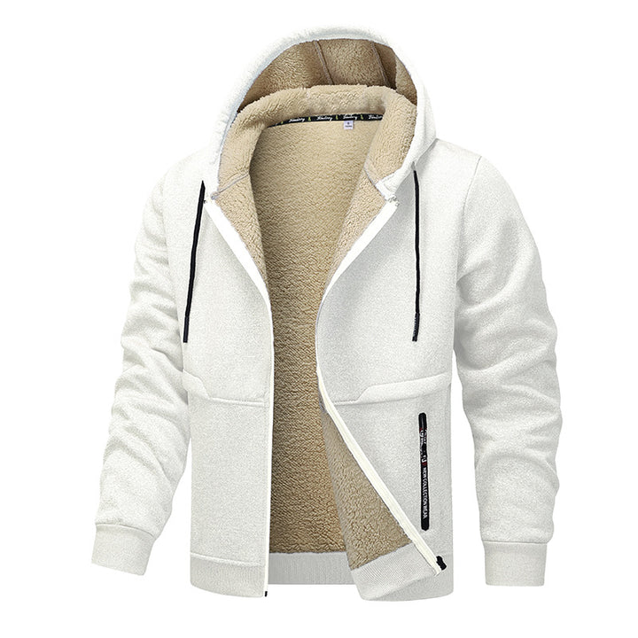 Man in a sherpa lined zip hoodie