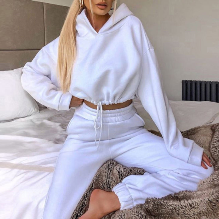 Woman in cropped hoodie and joggers
