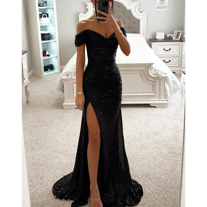 Isla | Sequin Evening Dress with Off-Shoulder Neckline and Split