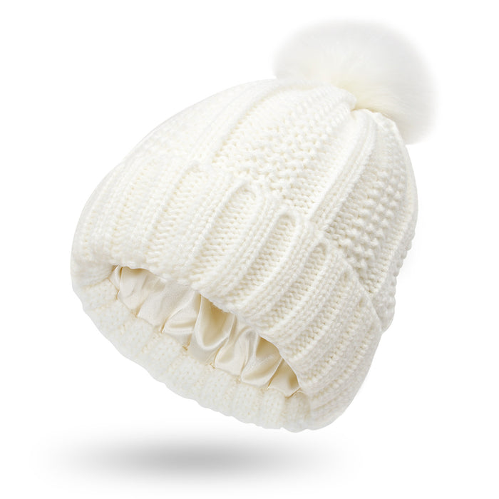 Evie | Chunky knit bobble hat with satin lining