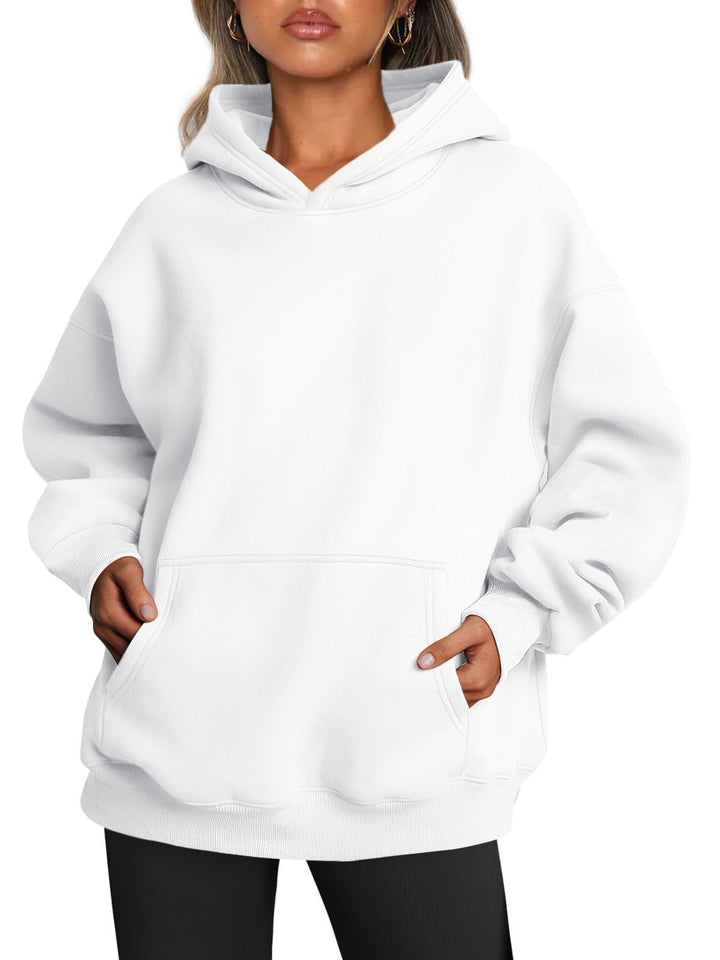 Woman in oversized fleece-lined hoodie