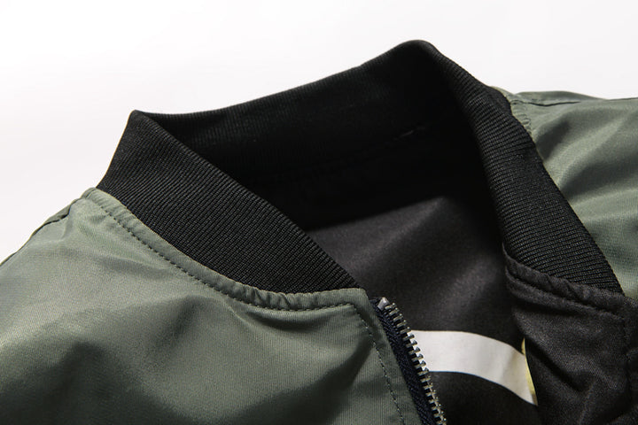 Man wearing a reversible bomber jacket