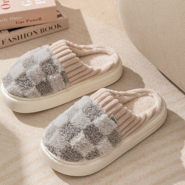 Checked plush house slippers