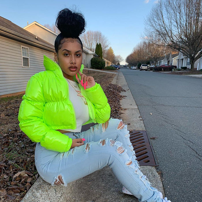 Harriet | Glossy faux leather cropped puffer jacket