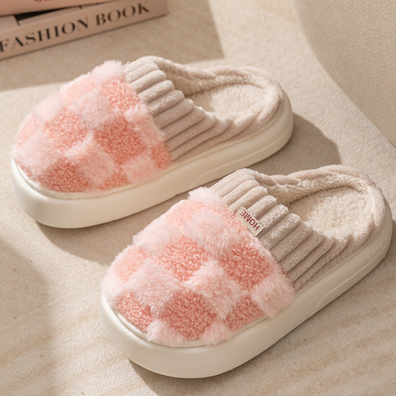 Checked plush house slippers