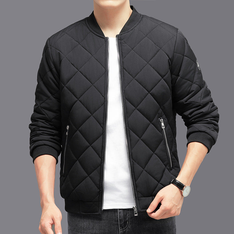 Man wearing a diamond quilted bomber jacket