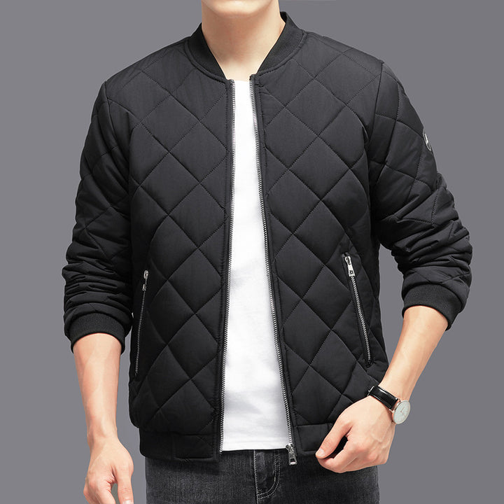 Man wearing a diamond quilted bomber jacket