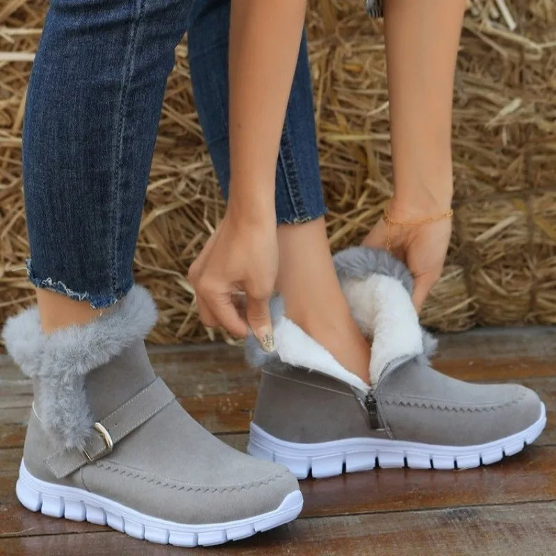 Faux suede snow boots with buckle strap