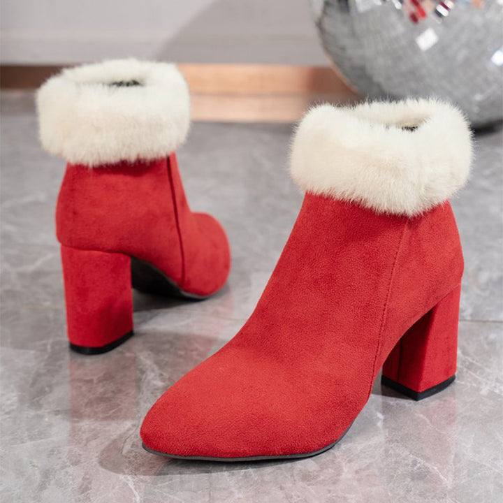 Pointed toe ankle boots with fluffy cuff
