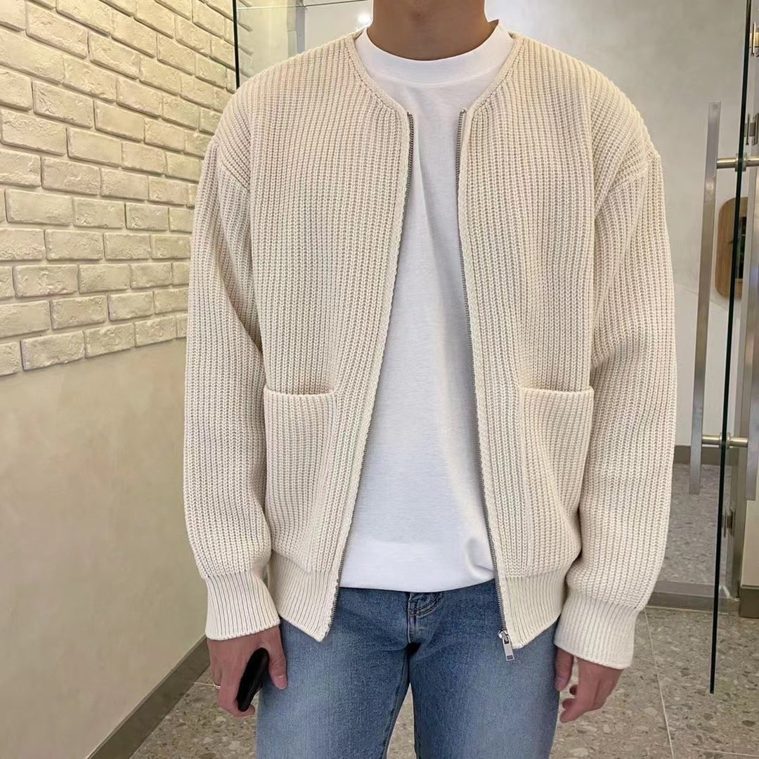 Man wearing a chunky rib knit zip cardigan