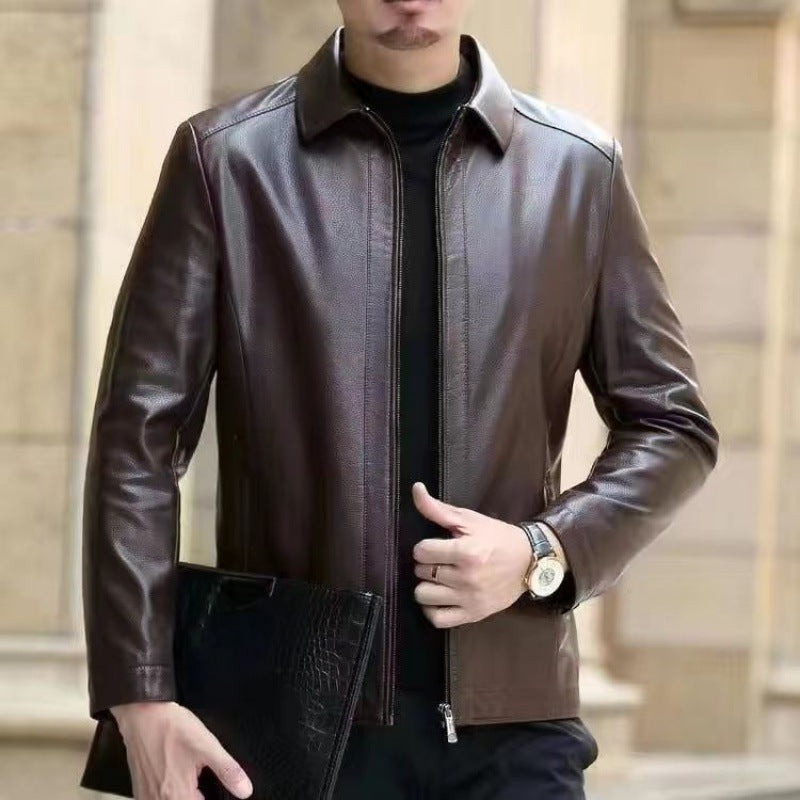 Man wearing a faux leather jacket