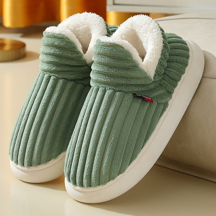 Ribbed plush house shoes with fleece collar