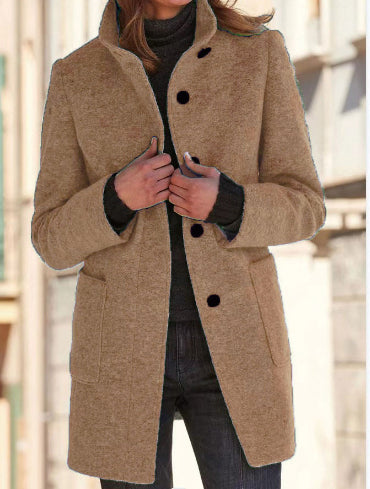 Woman wearing stand collar wool-look coat