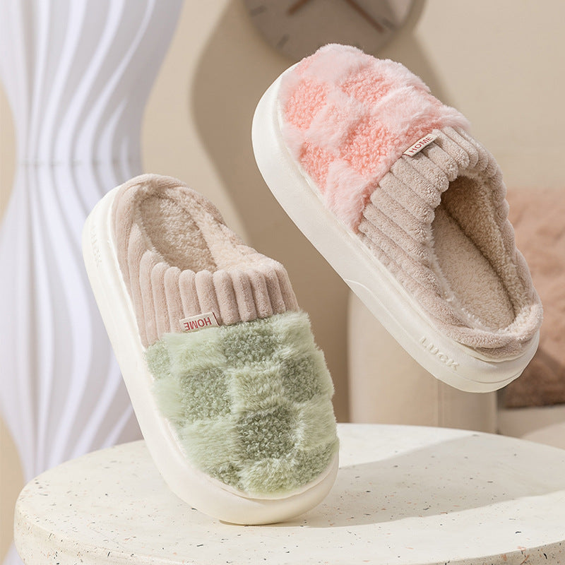 Checked plush house slippers