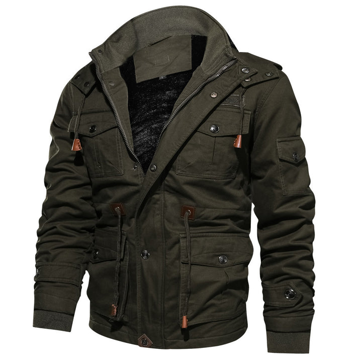 Man wearing a hooded military-style jacket