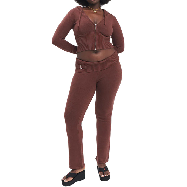Woman in ribbed knit zip hoodie set