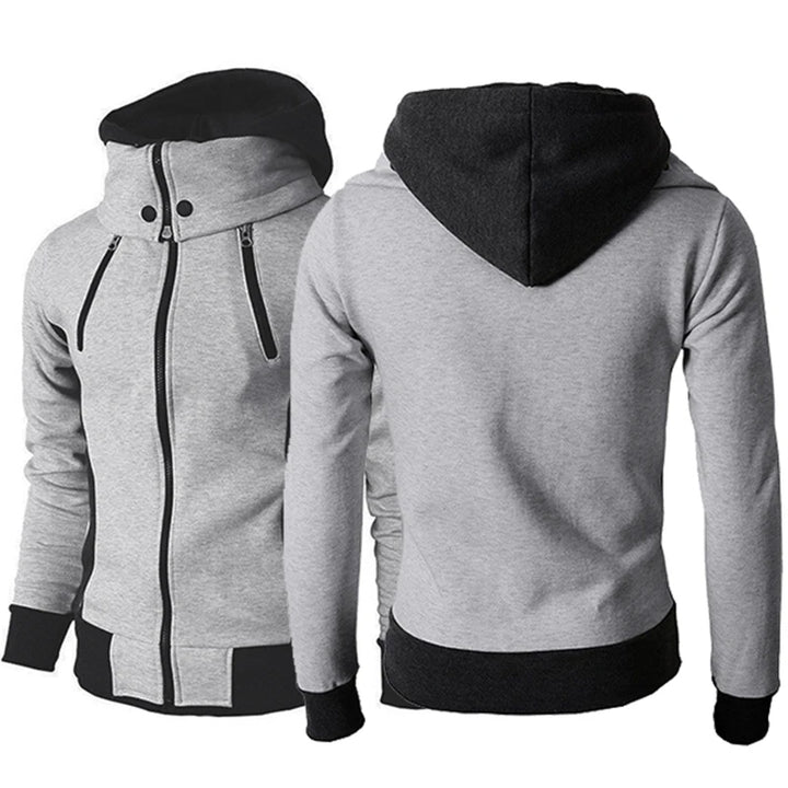 Man in a slim grey zip-up hoodie jacket