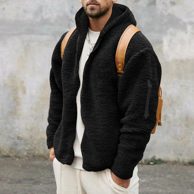 Man in a teddy fleece hooded jacket