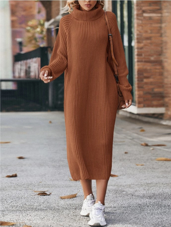 Woman in a long roll neck jumper dress