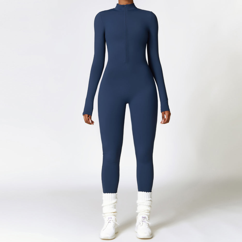 Woman in a zip-front yoga jumpsuit