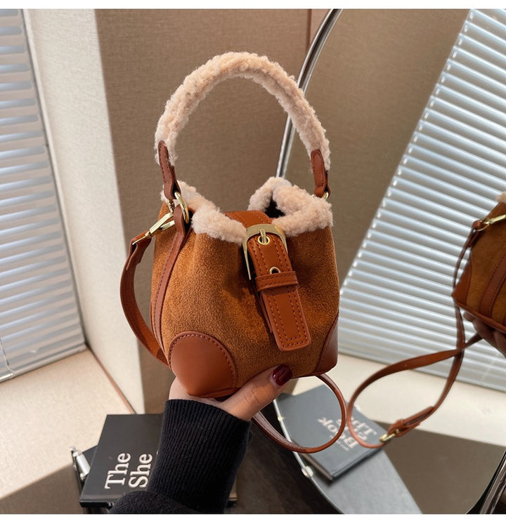 Small plush-trim crossbody bucket bag