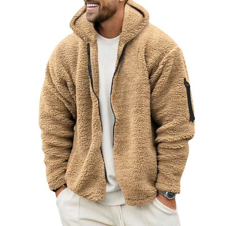 Man in a teddy fleece hooded jacket
