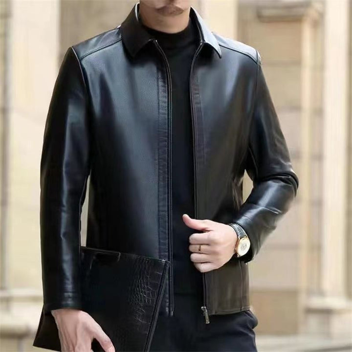 Man wearing a faux leather jacket