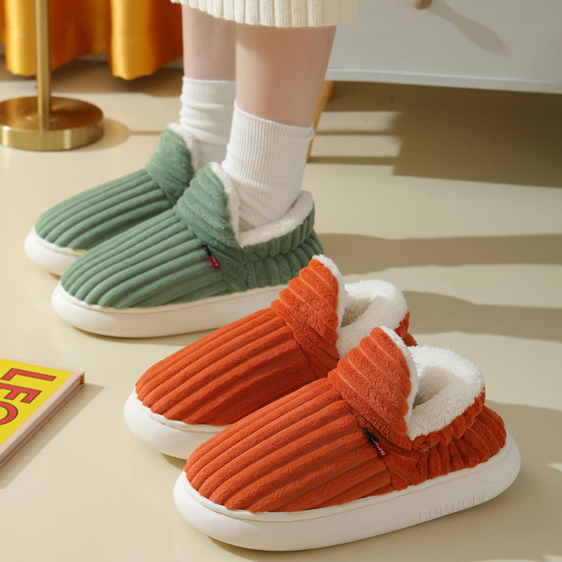 Ribbed plush house shoes with fleece collar