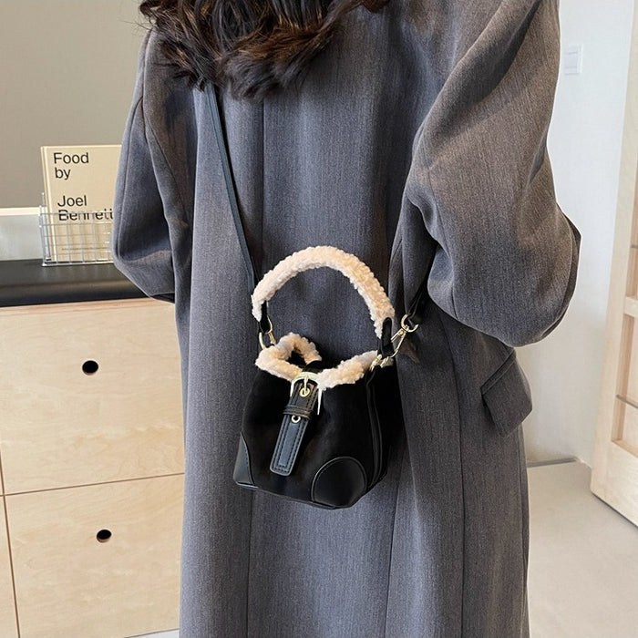 Freya | Small plush-trim bucket crossbody bag