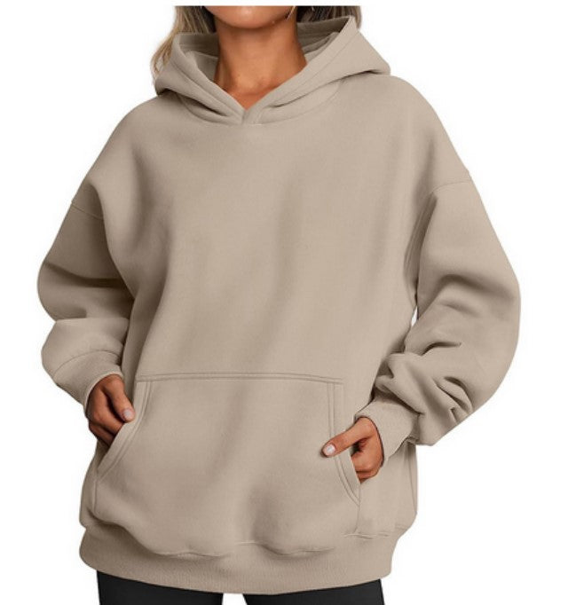 Woman in oversized fleece-lined hoodie