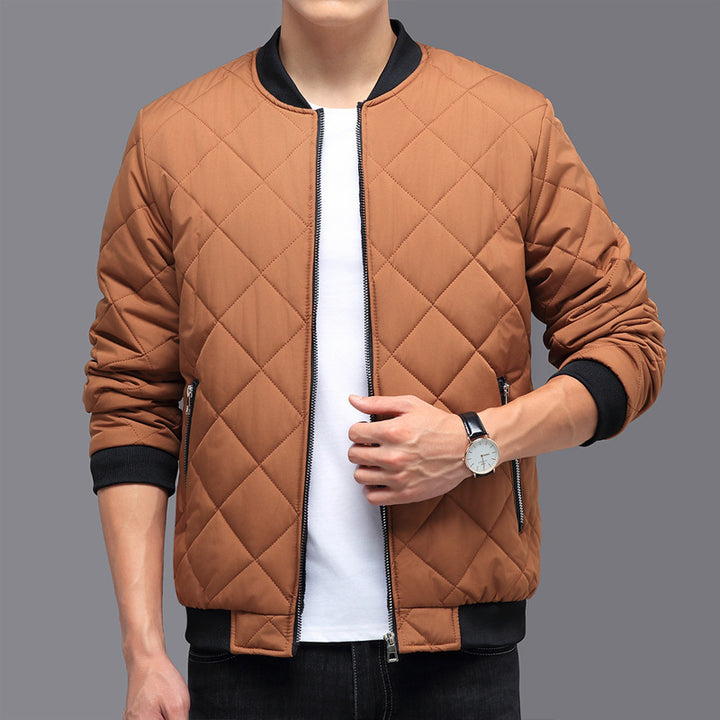 Man wearing a diamond quilted bomber jacket
