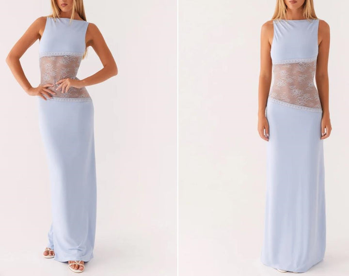 Woman in a lace maxi slip dress