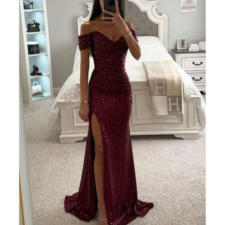 Woman in off-shoulder sequin evening gown