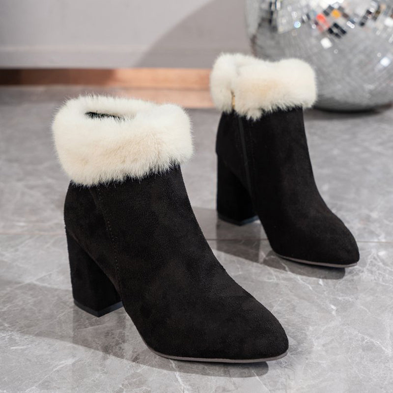 Pointed toe ankle boots with fluffy cuff