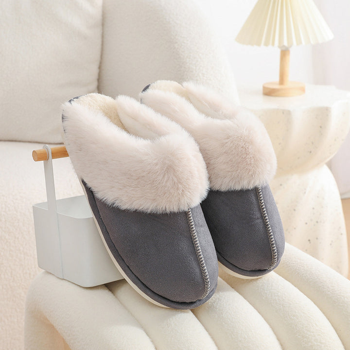 Faux suede slippers with fluffy collar