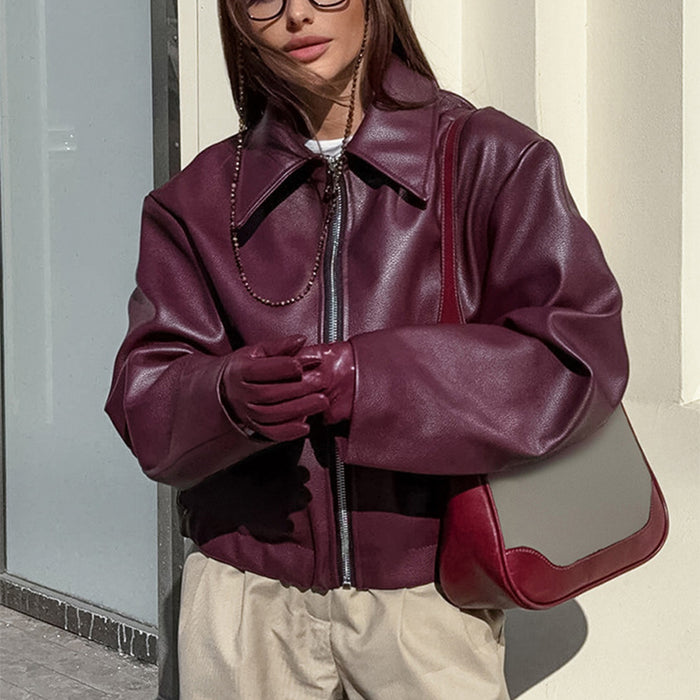 Phoebe | Cropped faux leather jacket with lapel collar