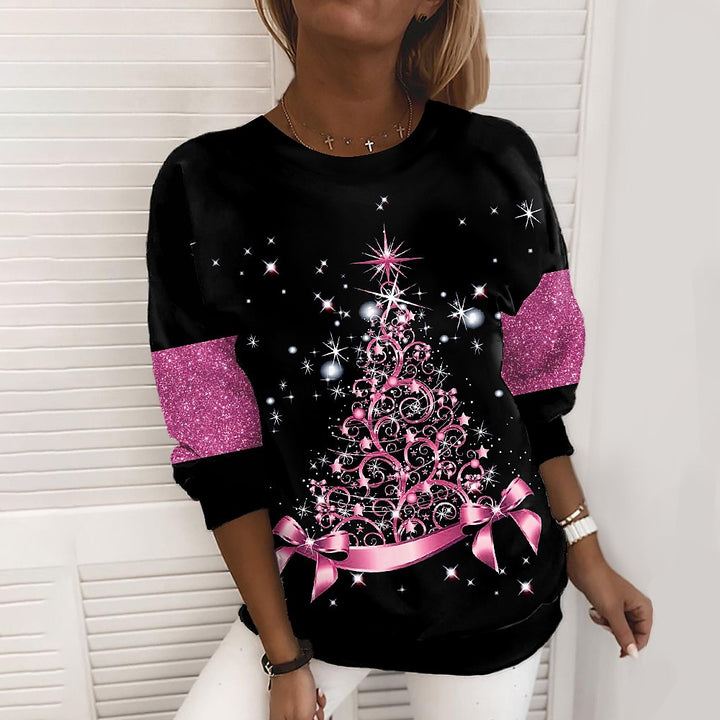Woman in a glitter print Christmas sweatshirt