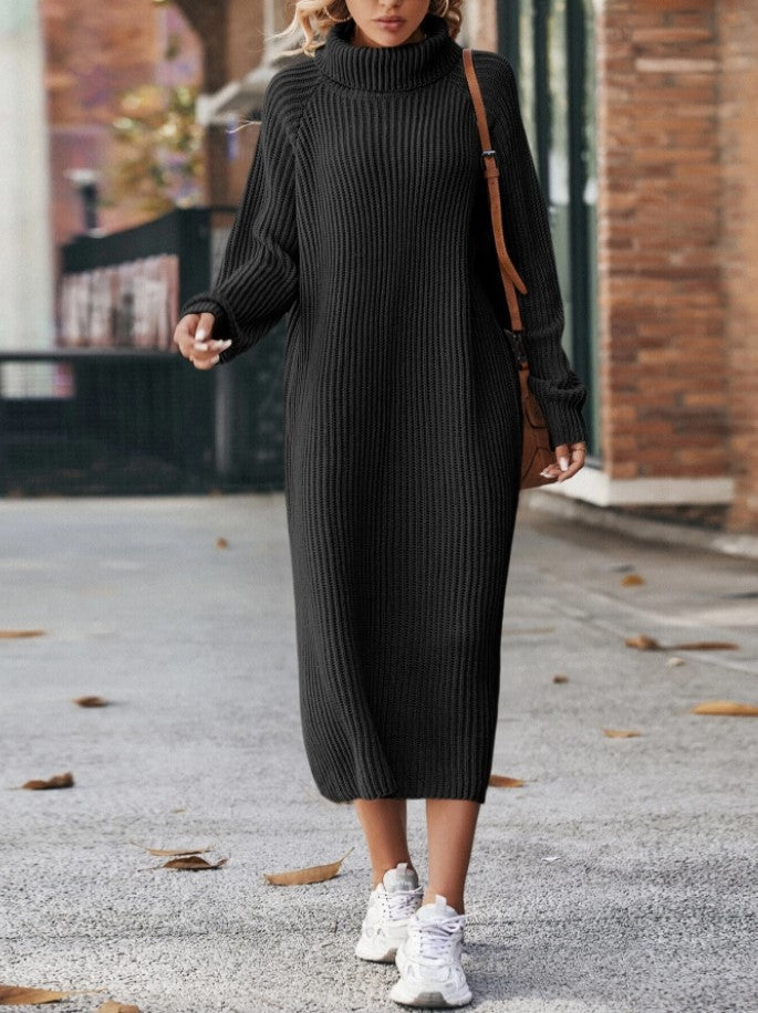 Woman in a long roll neck jumper dress