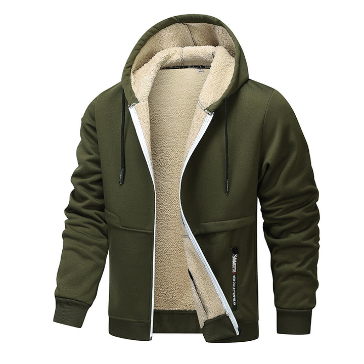 Man in a sherpa lined zip hoodie